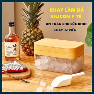 Khay làm đá 2 tầng cao cấp, hộp làm đá 32 viên có nắp đạy - tặng xẻng xúc đá