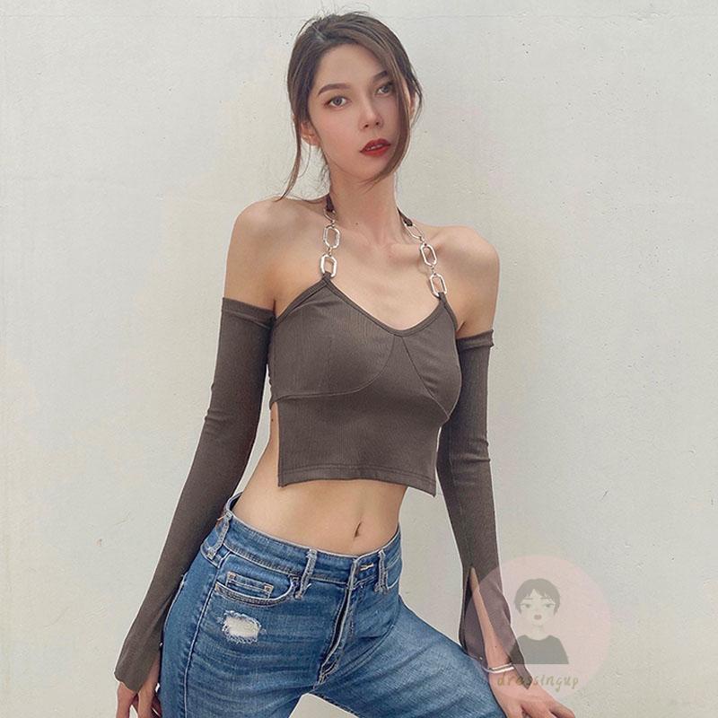 Áo Thun Dài Tay Cổ Thuyền Hở Rốn Màu Sắc Trơn Gợi Cảm Cho Nữ