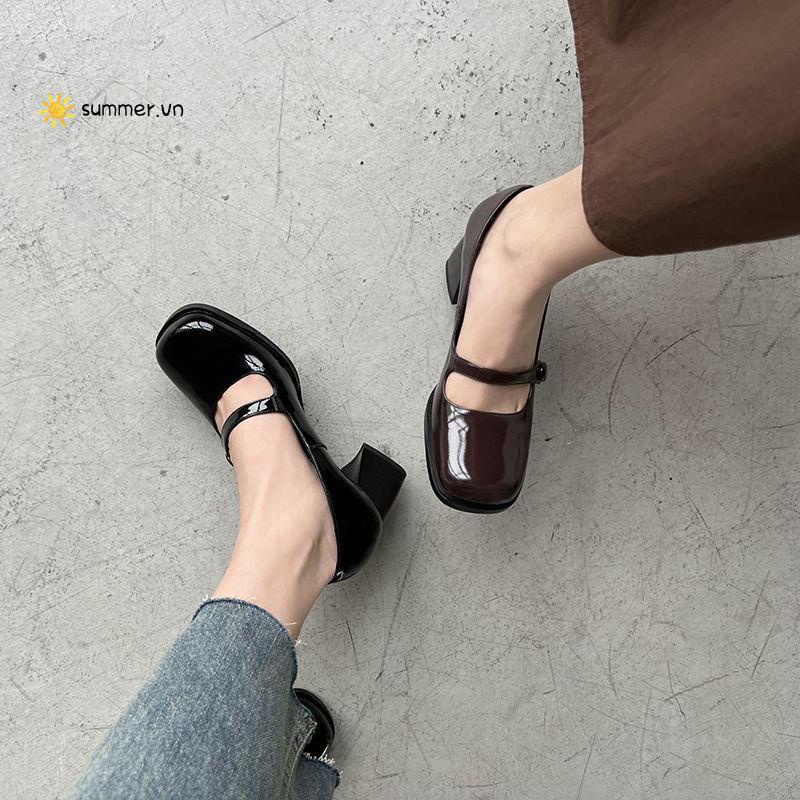Giày Cao Gót Mũi Tròn Màu Đen Phong Cách Nhật Bản Thời Trang 2022 Cho Nữ