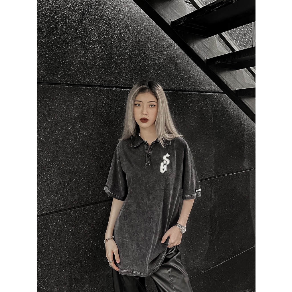 Áo Thun Polo Wash Cổ Bẻ SGES Phản Quang Vải Cotton Form Rộng Nam Nữ Unisex Streetwear