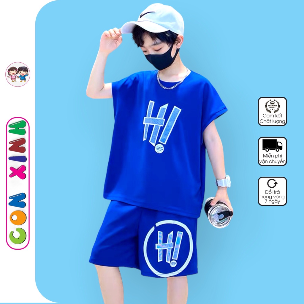 Bộ đồ bé trai Con Xinh sát nách hình in HI!,thời trang mùa hè dành cho trẻ em từ 4 đến 10 tuổi