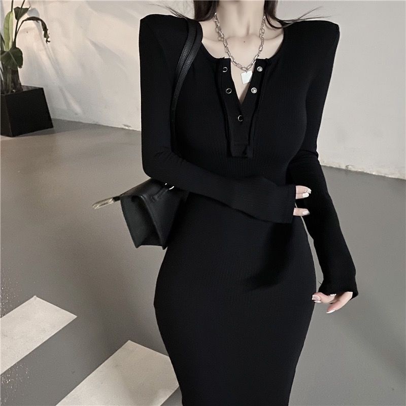 Đầm Dài Dệt Kim Tay Dài Ôm Eo Thanh Lịch Hàng Mới Dành Cho Bạn Nữ