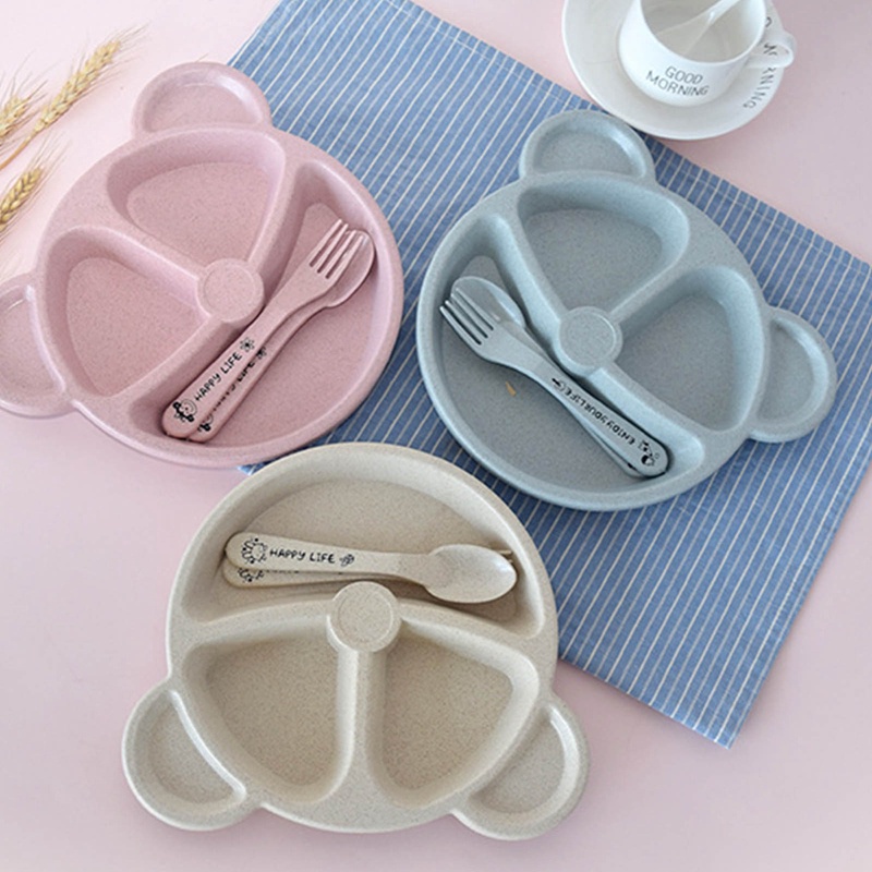 Bộ dụng cụ ăn 3 món gồm đĩa + muỗng + nĩa hình gấu hoạt hình tiện dụng nhiều màu tùy chọn cho trẻ em