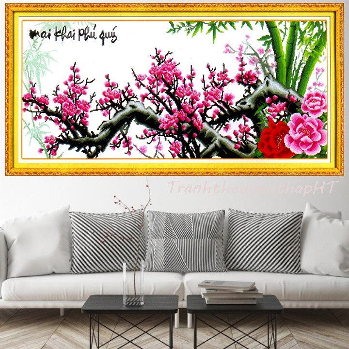 Tranh thêu hoa đào mai khai phú quý KT:104x49cm,tranh chưa thêu.Tặng kéo và xỏ chỉ.