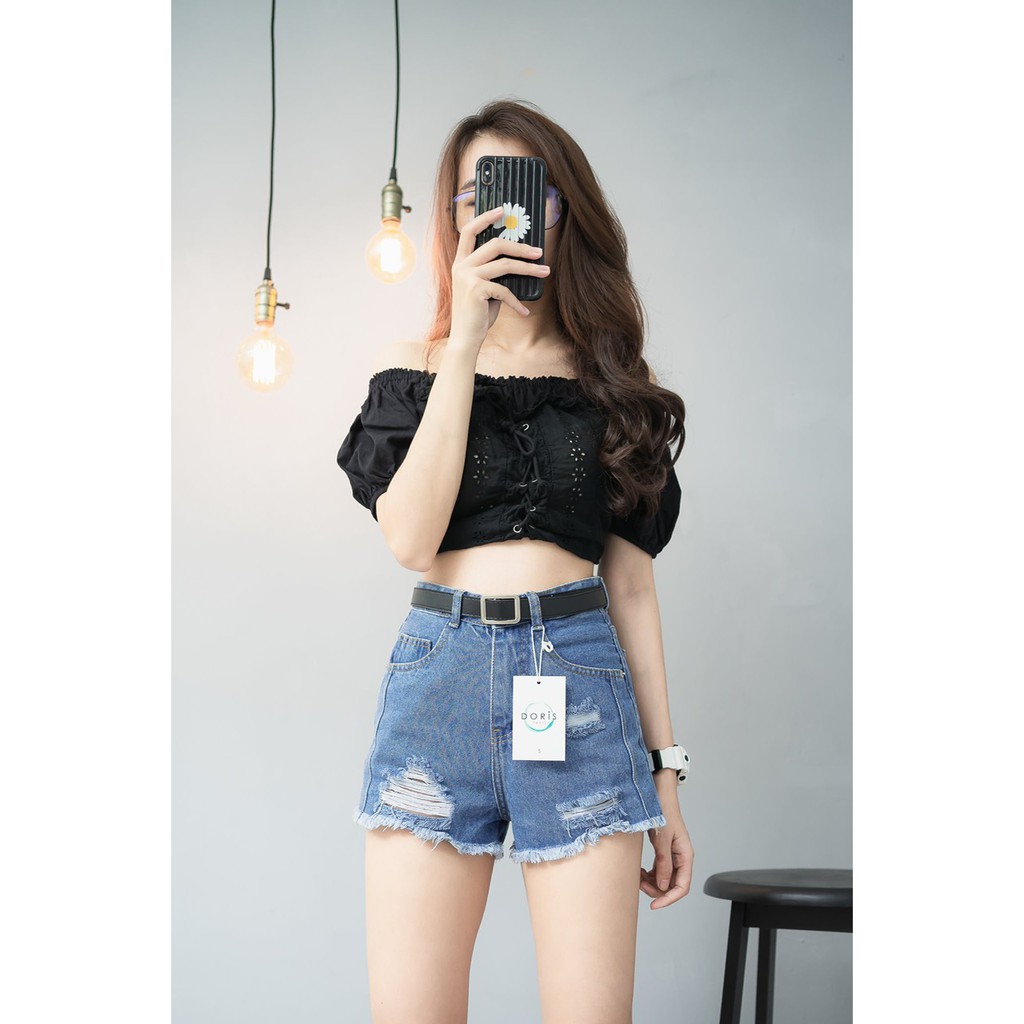 [FREESHIP_50K] Quần short jean nữ lưng cao phối rách denim cotton, rin ngắn phối rách William - AT73