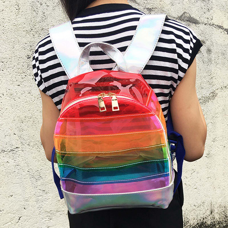 oksyevRainbow Stripe Laser Backpack PVC Transparent Contrasting Color Casual Large Capacity Unicorn Female Bag-Color Bar