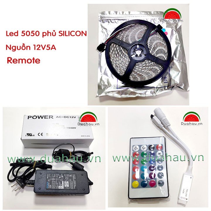 Combo 1 - 5m Led dây 5050 - LED 7 màu CÓ PHỦ SILICON + Nguồn 12V5A + Remote