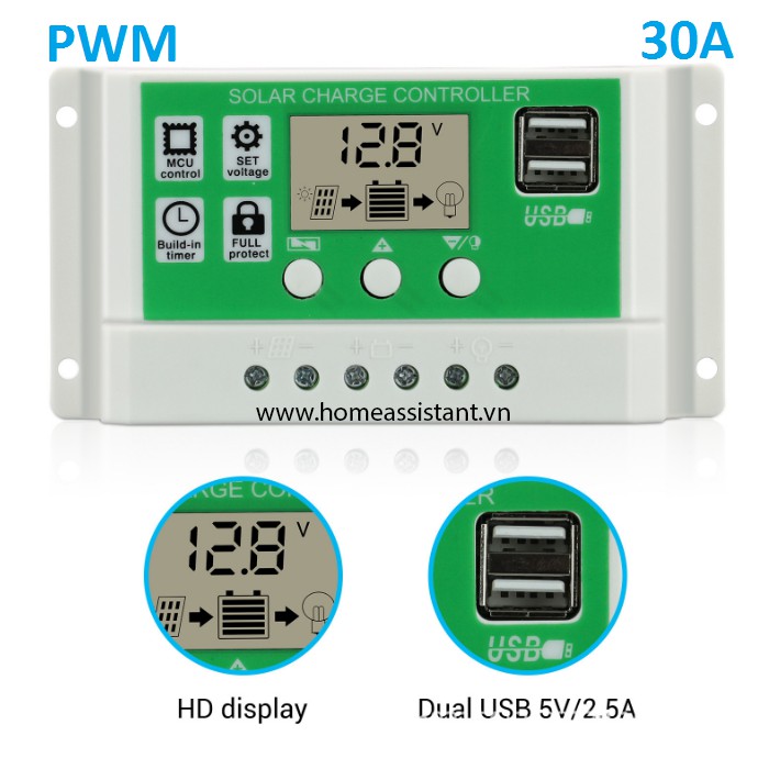 Bộ Điều Khiển Sạc Năng Lượng Mặt Trời PWM 30A Hỗ Trợ Pin Lithium Sắt Lifepo PB02