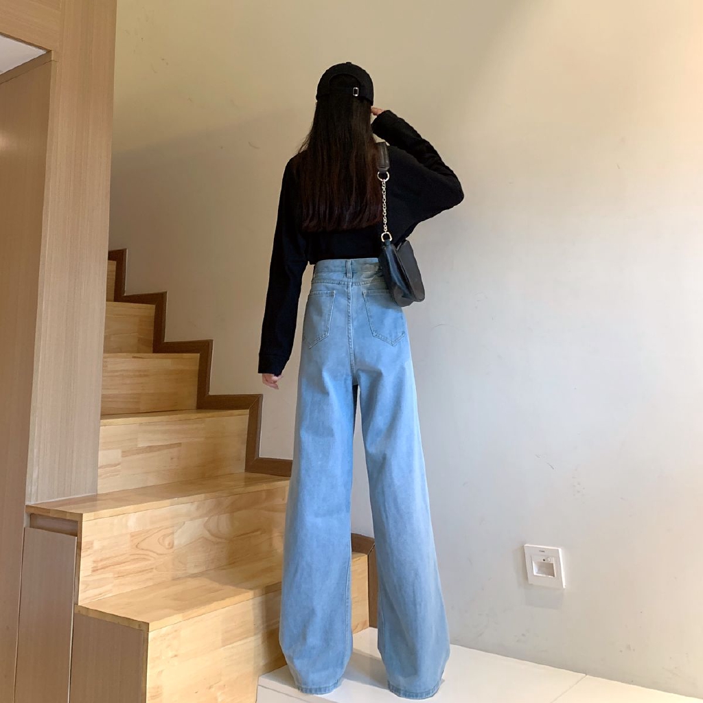 Quần jeans lưng cao ống rộng đứng thời trang cho nữ