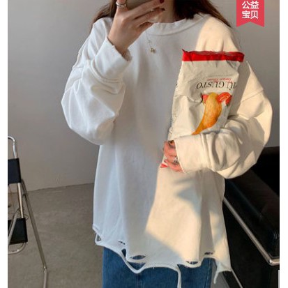 Áo sweater nữ form rộng dài rách vải nỉ quảng châu BST unisex ullzang 2021 Áo sweater nữ bigsize du lịch đi học hàn quốc