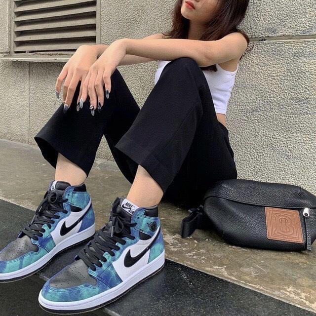 Giày thể thao Jordan 1 tie dye mid, giày sneaker JD1 nam nữ cổ cao Xanh loang đậm nước biển cực chất