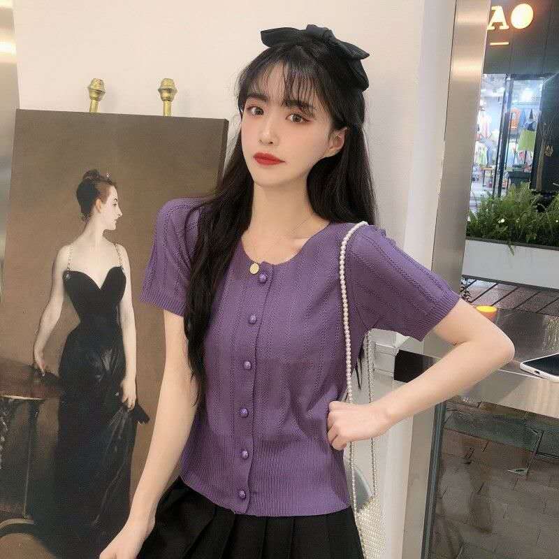 Áo Croptop Dệt Kim Ngắn Tay Dễ Phối Đồ