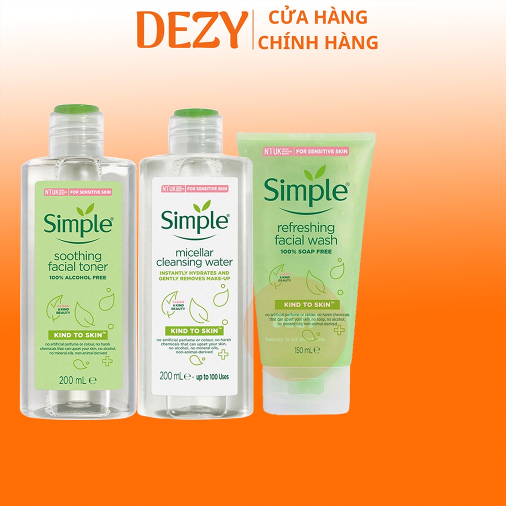 Skincare Simple CHÍNH HÃNG Combo Sữa Rửa Mặt Srm Toner Nước Hoa Hồng Toners Nước Tẩy Trang Micellar Water Dưỡng Ẩm Dezy