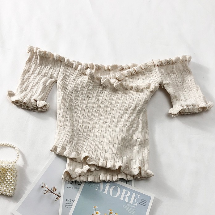 Áo thun ngắn IELGY trễ vai dáng ôm phong cách Hàn Quốc thời trang mùa hè 2022 dành cho nữ