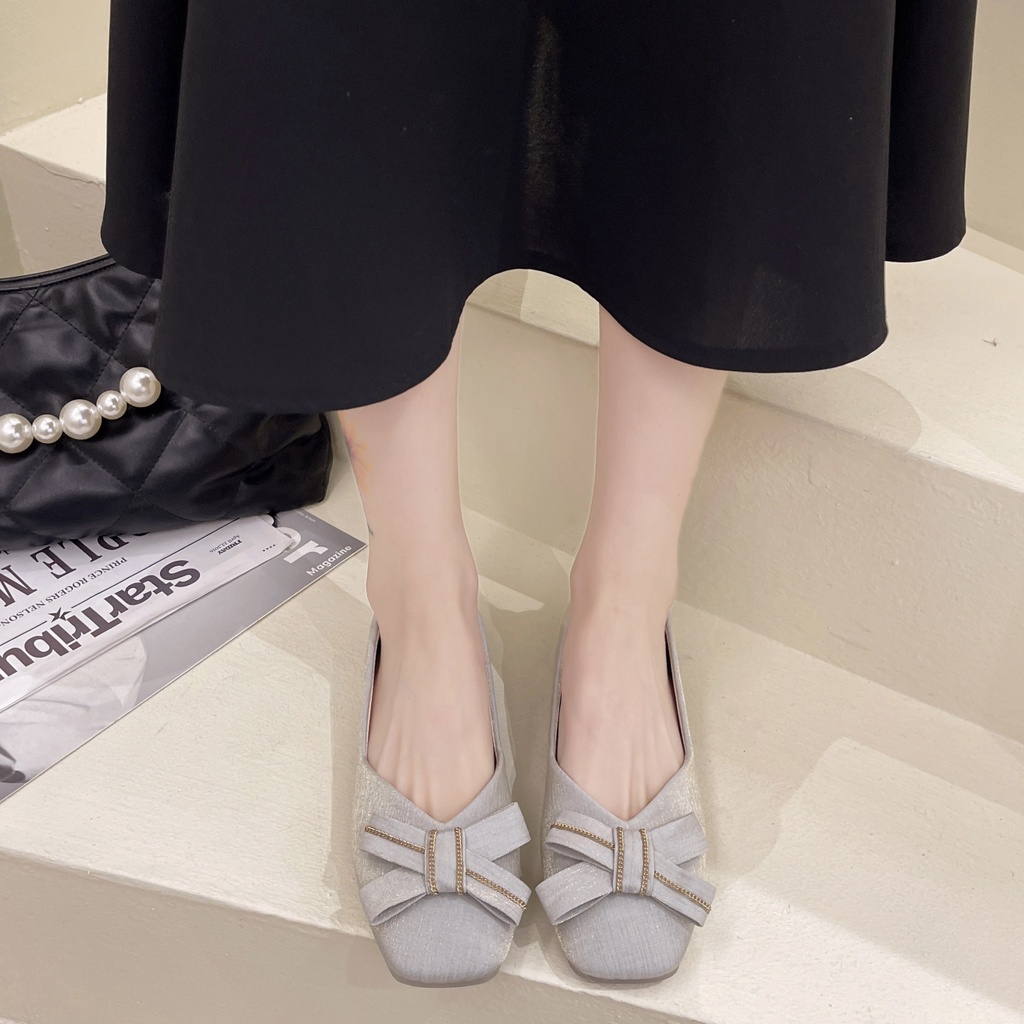 Giày Búp Bê Nữ Đế Bằng Mũi Vuông Màu Đen