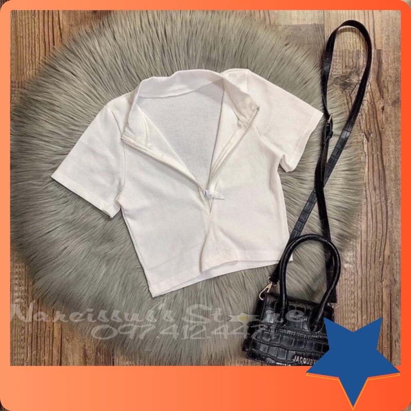 Áo croptop tay ngắn khoá kéo thun porip sịn sò