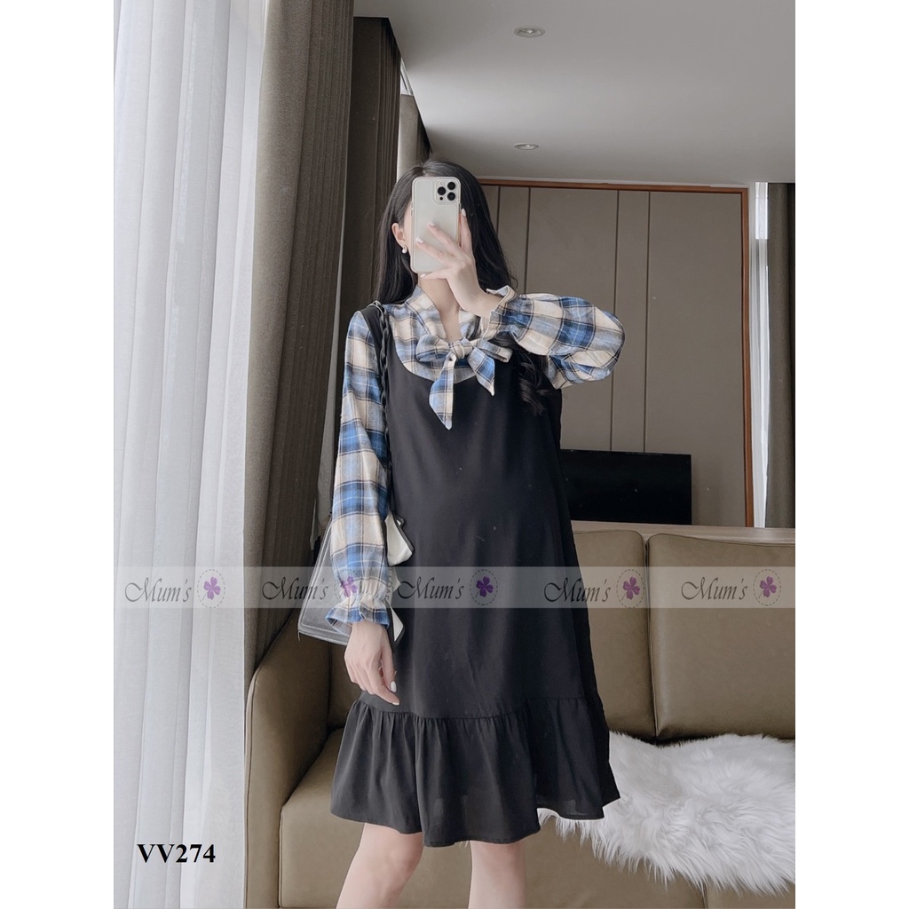 ĐẦM BẦU CÔNG SỞ MUM'S SHOP  Váy bầu xinh Voan đen pha kẻ xanh