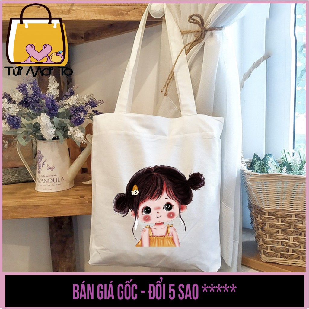 Túi tote VUÔNG có khóa kéo in hình CÔ CẬU BÉ dễ thương cute - Túi Mơ To store