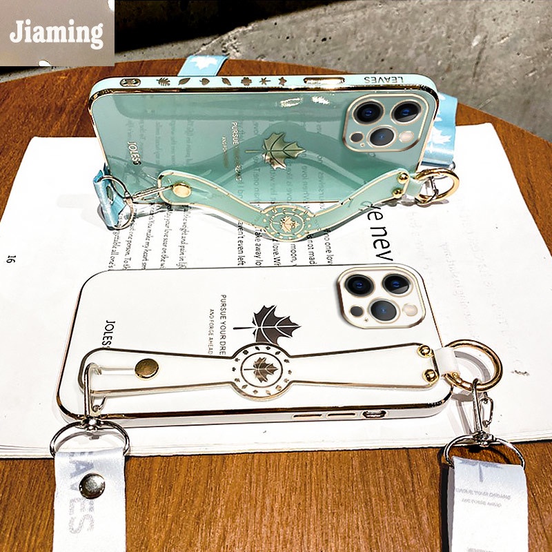 Ốp Điện Thoại Mạ Điện Họa Tiết Lá Phong Sang Trọng Kèm Giá Đỡ Và Dây Đeo Cho iPhone 11 12 13 Pro Max