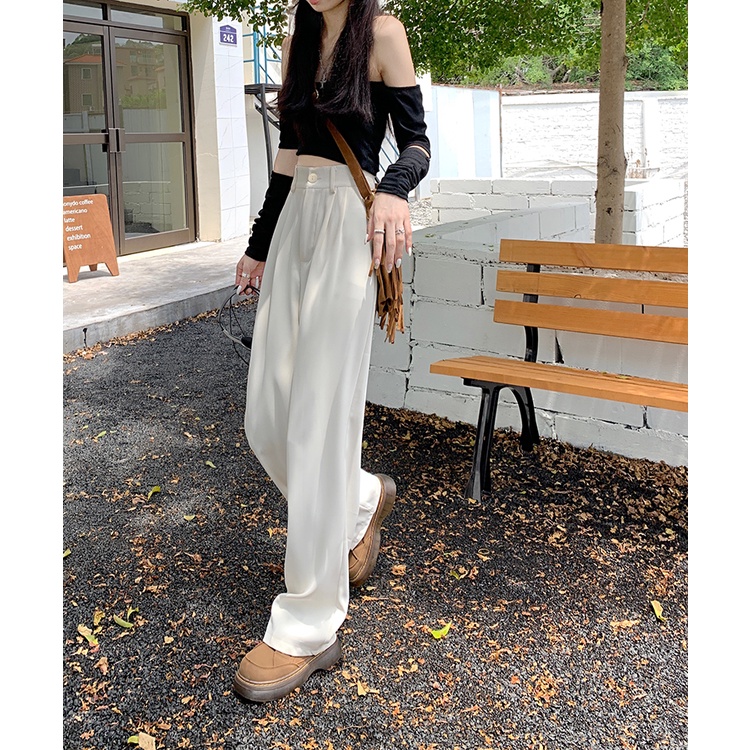 Quần Tây Ống Rộng Lưng Cao Màu Xám Thời Trang Xuân Thu Cho Nữ