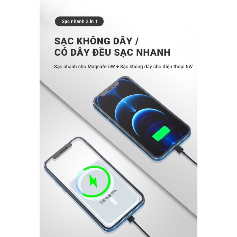 Sạc dự phòng không dây từ tính, dùng cho iphone samsung dung lượng 5000mAh công suất 20w - Phụ kiện công nghệ 88
