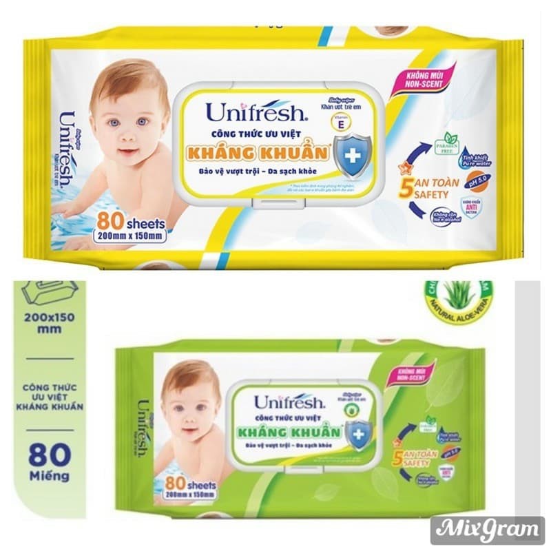 Khăn ướt em bé Unifresh Vitamin E và Nha đam 80 tờ/khăn ướt diệt khuẩn All clean