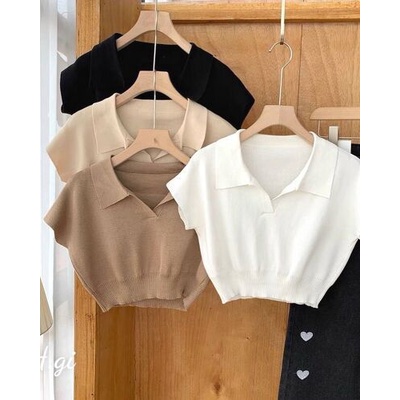 Áo croptop montoghi cổ bẻ trơn bo gấu