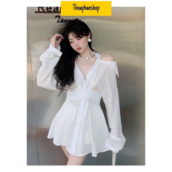 SET ĐẦM SƠ MI CUT OUT VAI CHÉO EO + SHORT [kèm ảnh thật ]