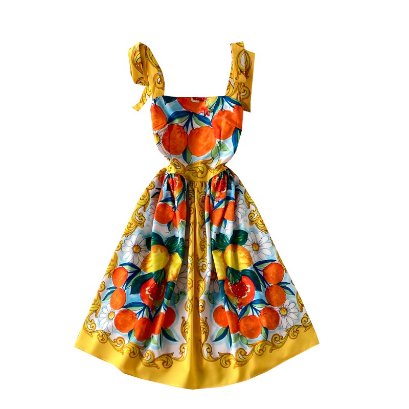 Váy hai dây phối nơ, họa tiết sang trọng hàng thiết kế quảng châu