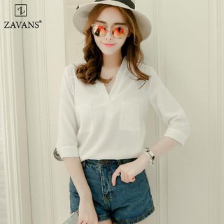 Áo sơ mi nữ form rộng cổ chữ V thời trang ZAVANS New02 (Trắng)