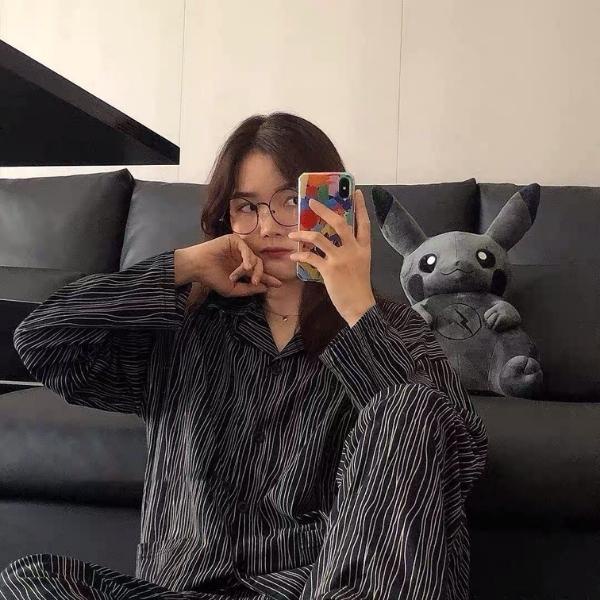 Bộ đồ nữ Pijama lụa dài tay quần dài kẻ sọc xám đen mặc ở nhà mùa đông cao cấp chất dày phong cách Hàn Quốc-BND15