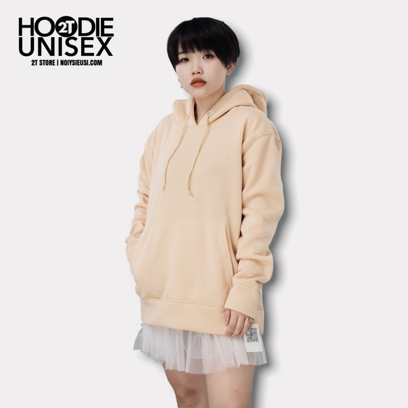 Áo hoodie unisex 2T Store H19 màu kem sữa - Áo khoác nỉ chui đầu nón 2 lớp dày dặn chất lượng đẹp