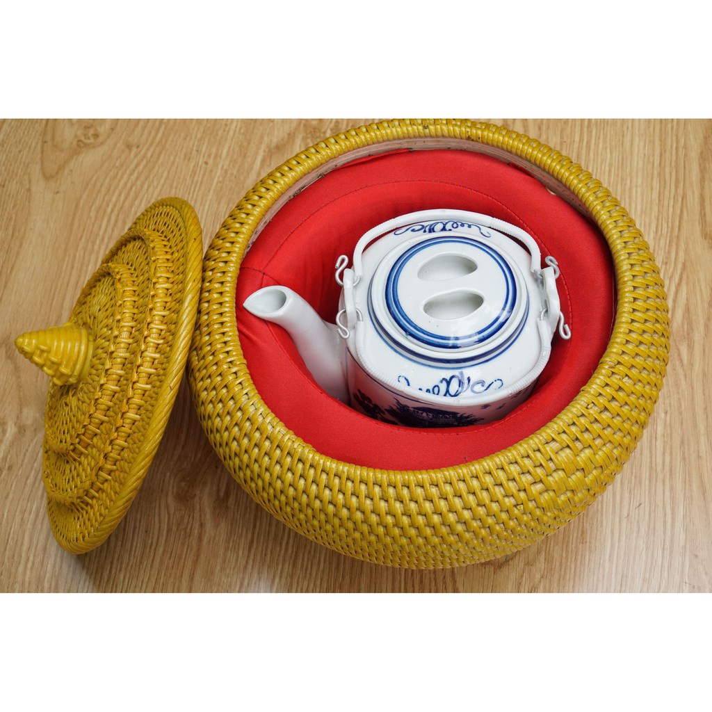 Bình ủ trà giữ nhiệt ấm tích pha trà xanh gốm sứ bát tràng dung tích 1,6l giành nhựa giả mây dùng hãm chè.