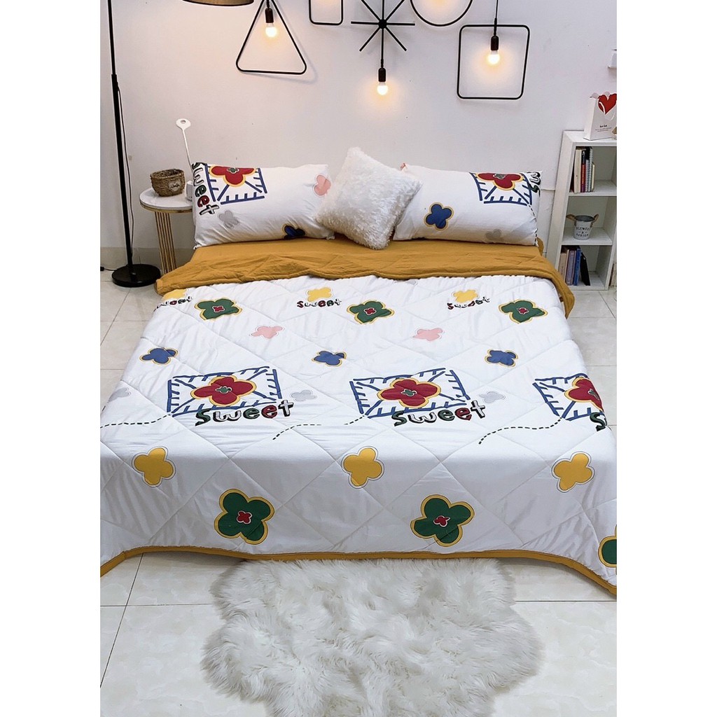 Bộ chăn ga gối cotton đũi , sét chăn chần  5 món  ful siz 1m6 ,1m8,,2m2