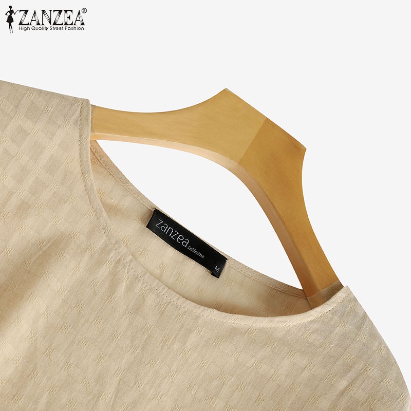 Zanzea Áo Tay Phồng Cổ Tròn Họa Tiết Kẻ Sọc Dáng Rộng Thời Trang Dành Cho Nữ