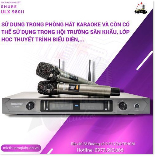 Micro không dây shure ulx980ii bắt sóng xa mạnh mẽ ổn định mic nhé không hú rít độ nhạy thích hợp quán bar, hội trường..