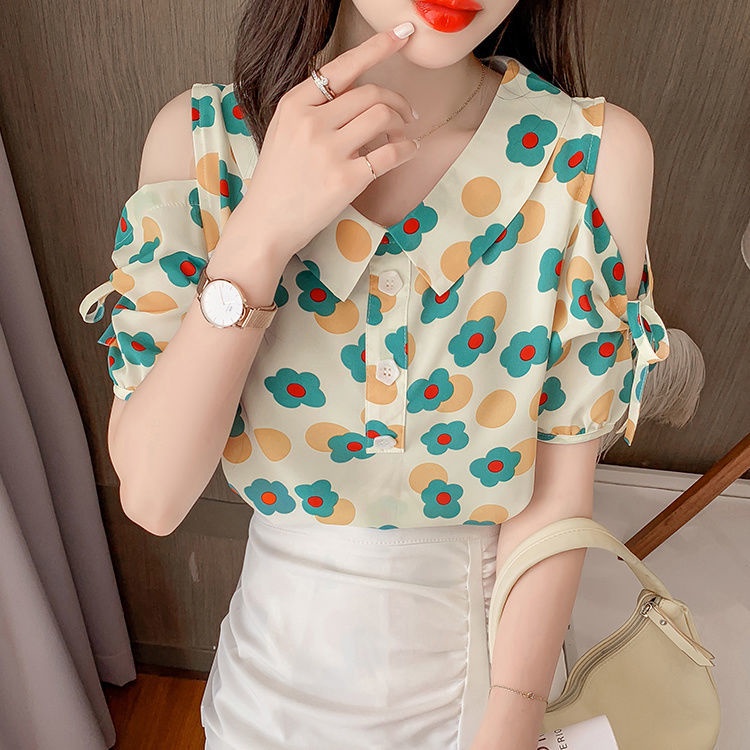 Áo Sơ Mi chiffon Tay Ngắn Cổ Búp Bê Dáng Rộng In Họa Tiết Hoa Thời Trang Mùa Hè Cho Nữ