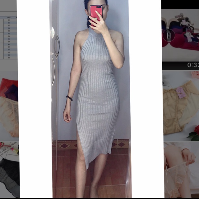 Đầm body len tăm cổ yếm