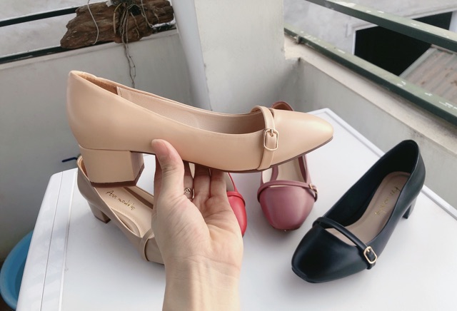 Giày cao gót 3 phân mũi vuông phối quai ngang marryjane gót vuông Ann _A022