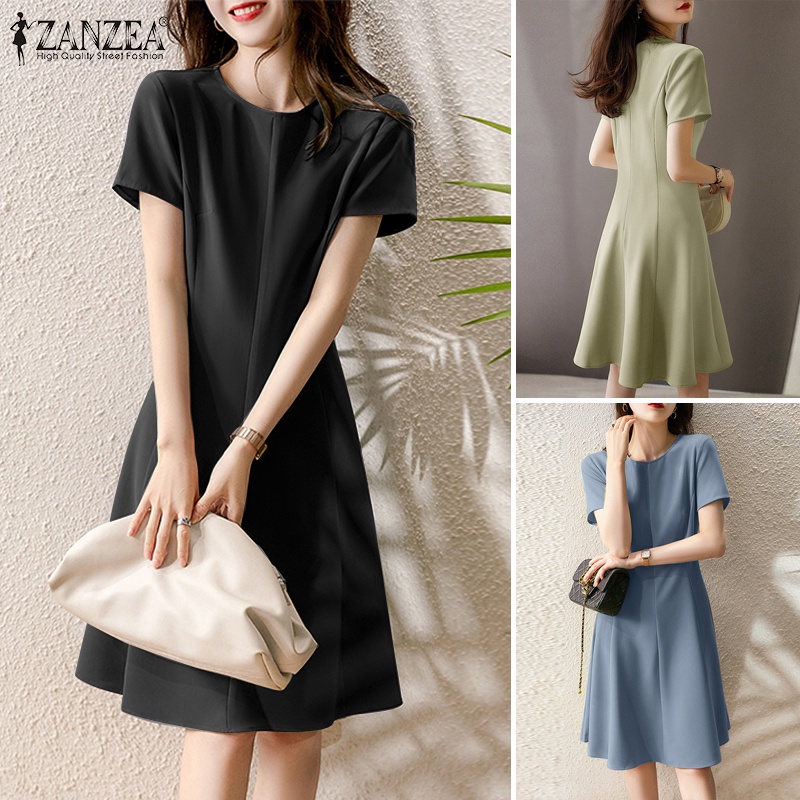 Zanzea đầm tay ngắn màu trơn thiết kế đơn giản phong cách Hàn Quốc cho nữ