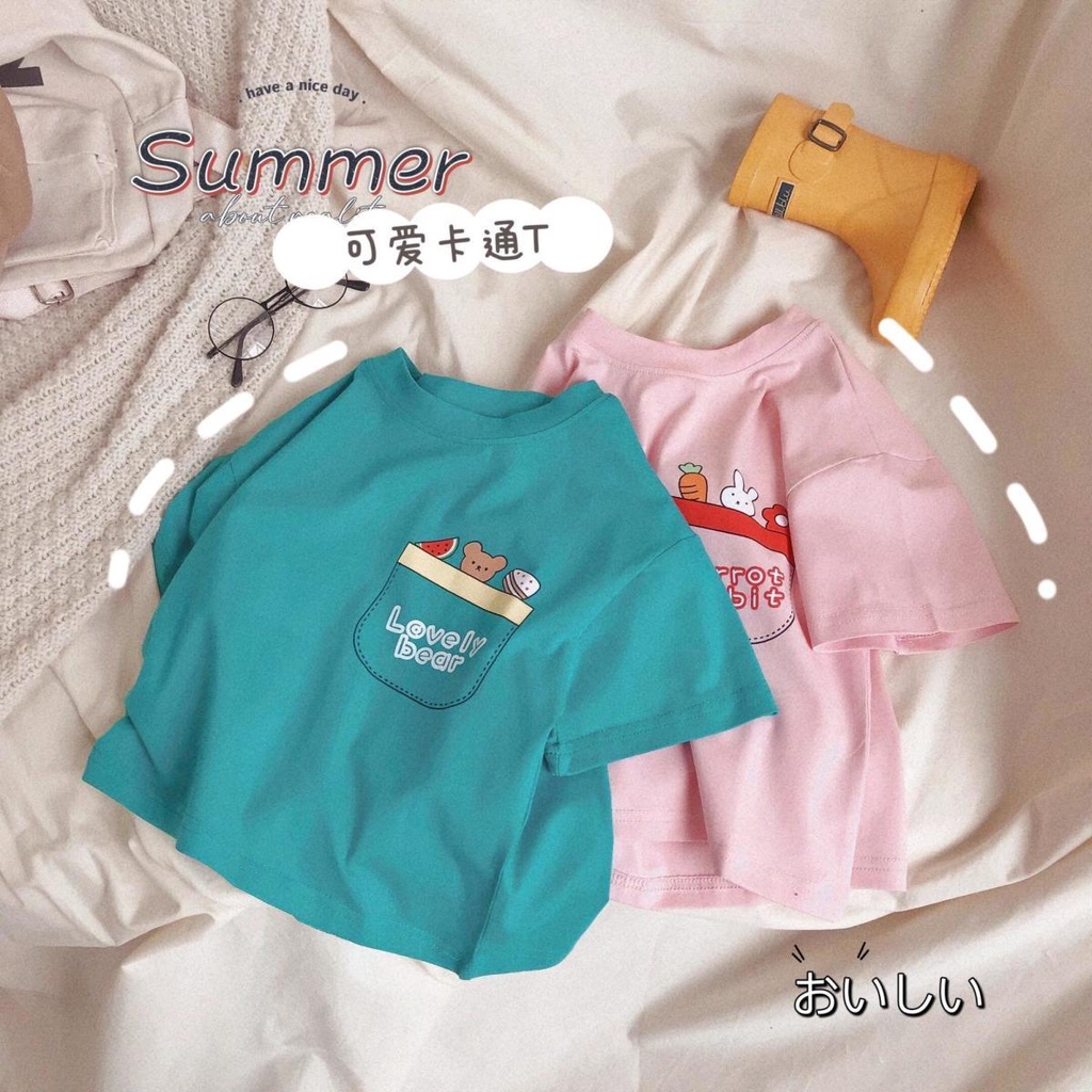 Áo Thun Tay Ngắn 100% Cotton In Họa Tiết Hoạt Hình Phong Cách Hàn Quốc Thời Trang Mùa Hè Cho Bé Trai Và Gái