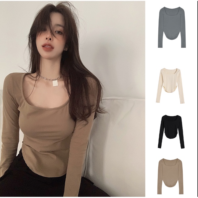 Áo thun nữ dài tay cổ chữ U trơn màu mới áo sơ mi dài tay đáy thấp cổ thấp gợi cảm