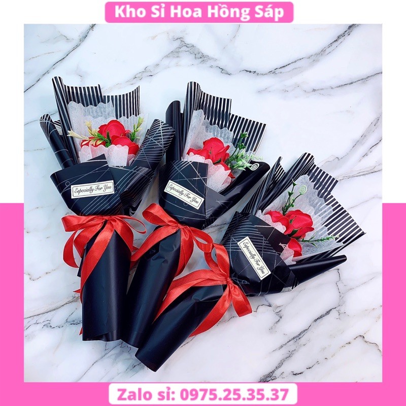 Hoa Sáp Thơm 004 Hoa Hồng Sáp Bó 3 Bông Đỏ Giấy Đen Siêu Đẹp (Giá Sỉ)