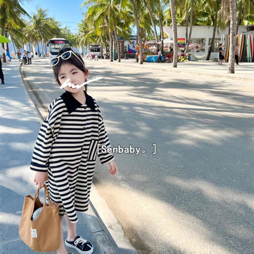 Đầm POLO Dáng Dài Họa Tiết Kẻ Sọc Phong Cách Phương Tây Thời Trang Xuân Thu 2022 Mới Cho Bé Gái