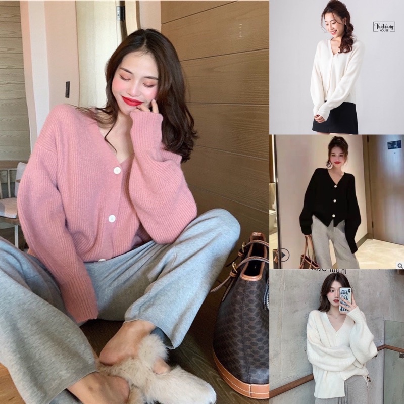 Áo khoác len cardigan màu đen hồng trắng 3 khuy dáng rộng phong cách Hàn Quốc 430