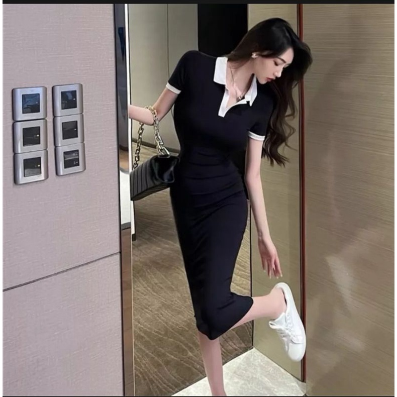 Đầm body cổ bẻ dáng dài tay cộc