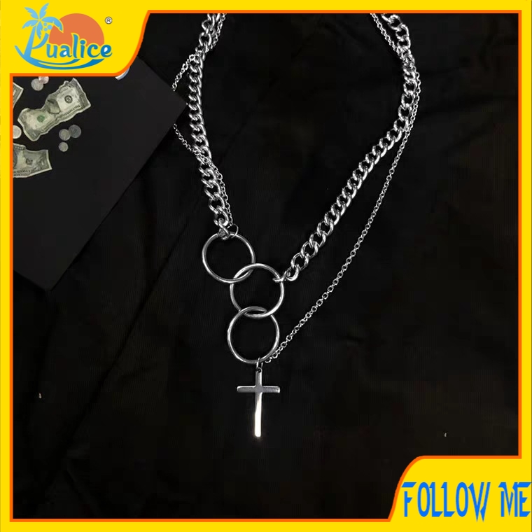 European and American ins tide Harajuku style hip-hop cross titanium steel pendant personality combination punk style multilayer circle necklace