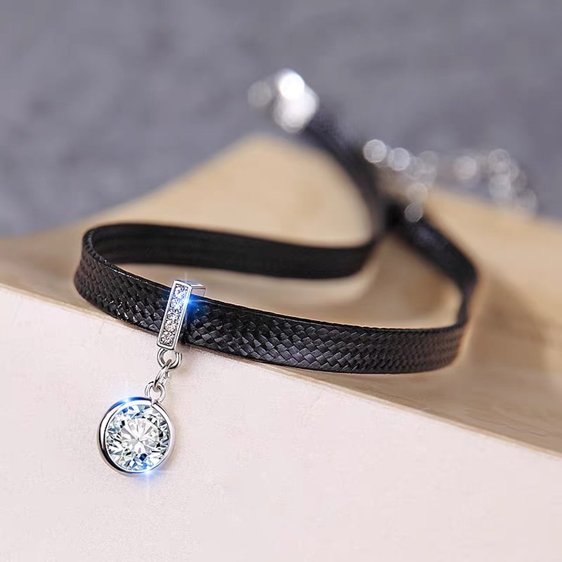 Vòng Cổ Choker Dây Da Đính Đá Phong Cách Hàn Quốc Đơn Giản Thời Trang