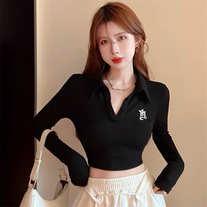 Áo croptop nữ có cổ thêu chữ kiểu tay dài cực đẹp cho cô nàng năng động ba