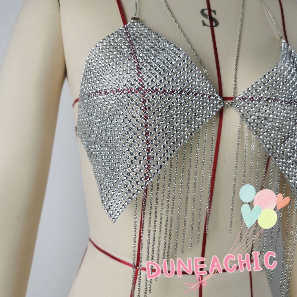 DUNEA Áo hai dây hở lưng phối lưới kim loại quyến rũ cho nữ